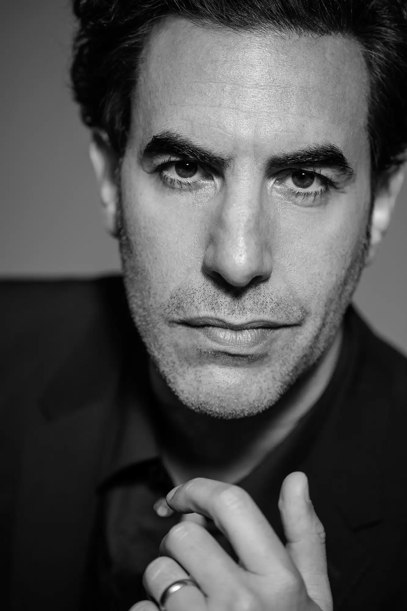 Sacha Baron Cohen, black-and-white close-up, LA Times shoot, November 2020.