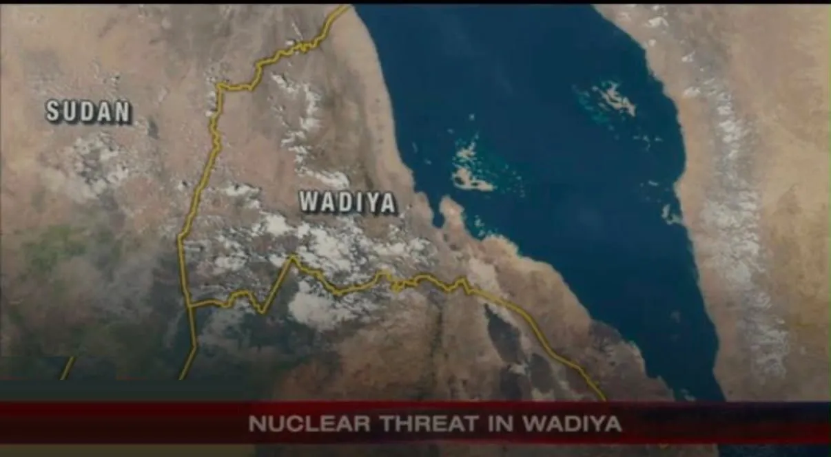 A news broadcast frame from The Dictator showing a satellite map of Wadiya beside Sudan on the Red Sea, captioned Nuclear threat in Wadiya.