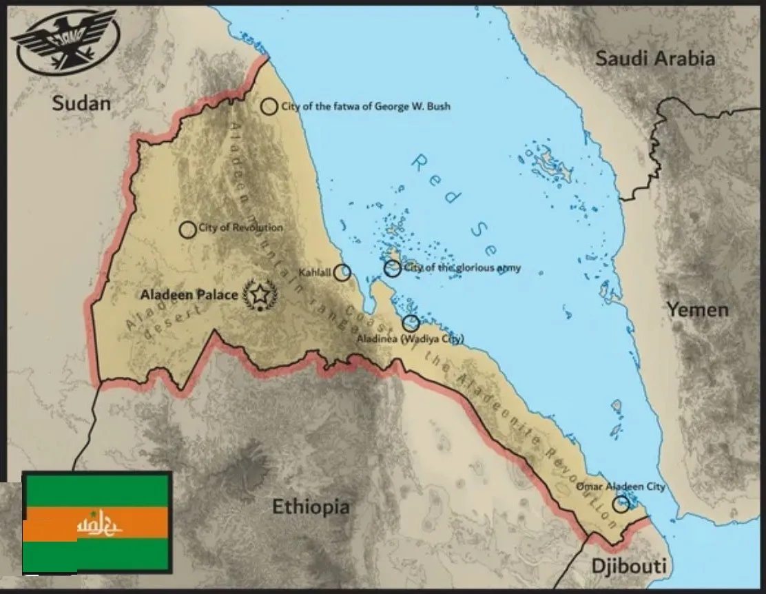 A fan-made map of the Republic of Wadiya on the Red Sea, with Aladeen Palace, Aladinea (Wadiya City) and the country's green and orange flag.